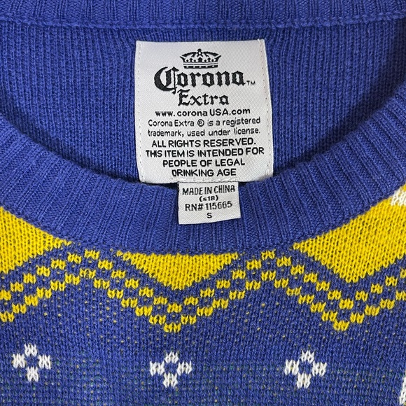 Corona Extra Feliz Navidad Blue Yellow Christmas Holiday Crewneck Sweater Size S - Picture 7 of 10